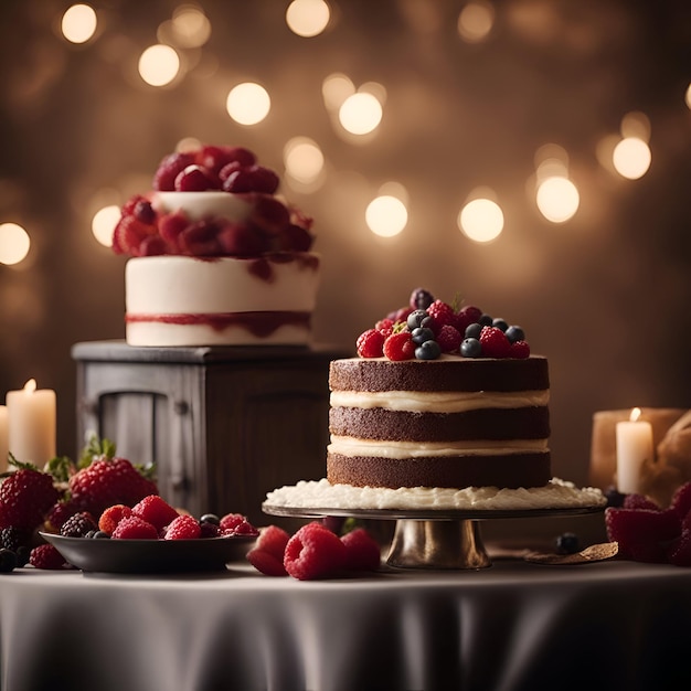 Piece of cake with berries and candles on the background of defocused lights