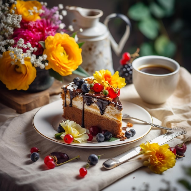 A piece of cake with berries on it next to a cup of coffee.