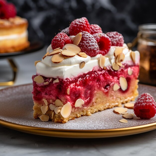 a piece of cake with berries and nuts on it