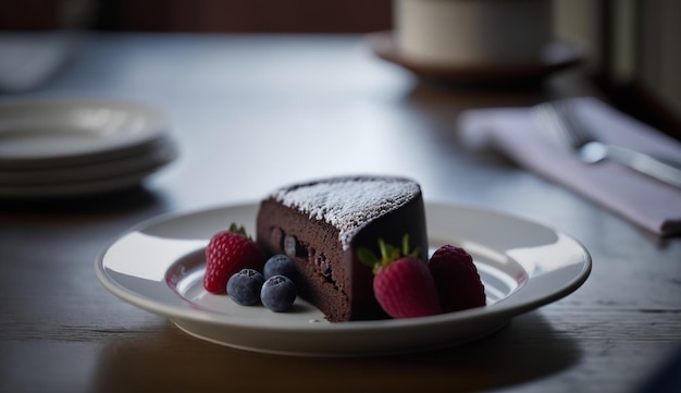 A piece of cake with berries on a plate