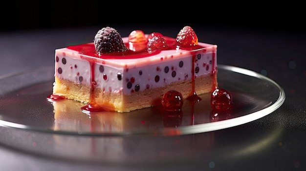 a piece of cake with berries on top