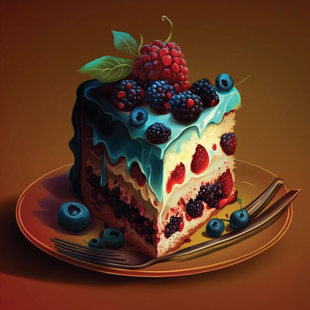 A piece of cake with blueberries and blueberries on it.
