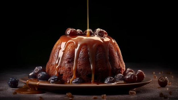 A piece of cake with a caramel sauce being poured over it