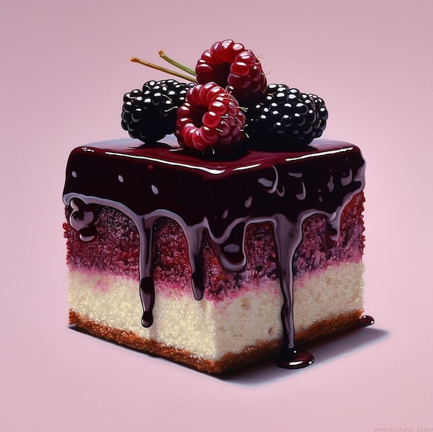 A piece of cake with a chocolate glaze and blackberries on top.