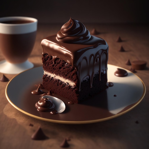 A piece of cake with chocolate icing and a cup of coffee on a table.