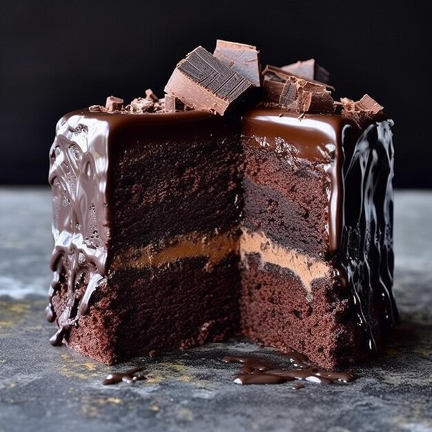Foto un pezzo di torta con la glassa al cioccolato e un pezzo de torta sopra.