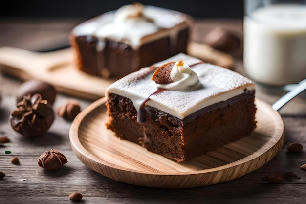 A piece of cake with cream and chocolate on a wooden plate.