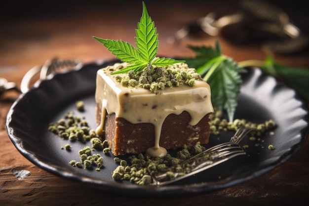 a piece of cake with cream and mint on a plate.