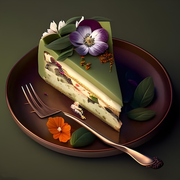 A piece of cake with a flower on it