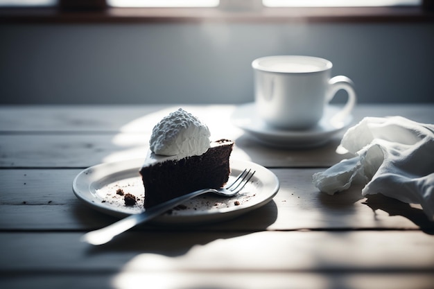 A piece of cake with a fork on a plate with a cup of coffee on the table.