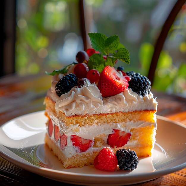 a piece of cake with fruit on it sits on a plate