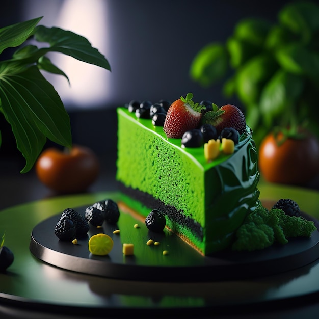 A piece of cake with fruit on it