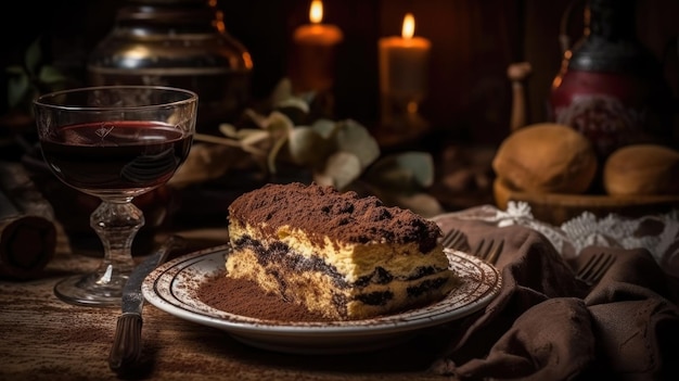 赤ワインを背景にしたケーキ