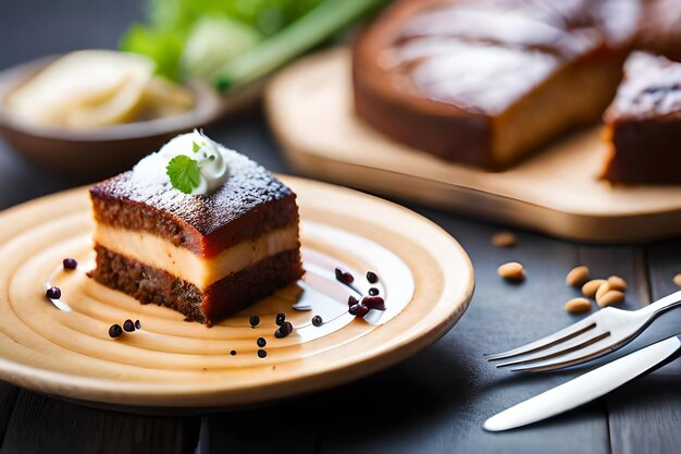 a piece of cake with a green leaf on it