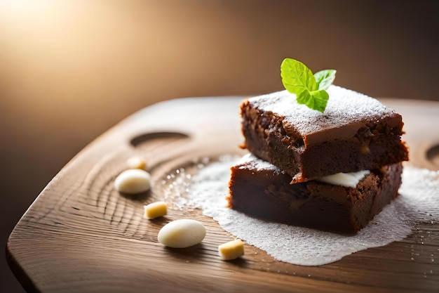 A piece of cake with a green leaf on top of it