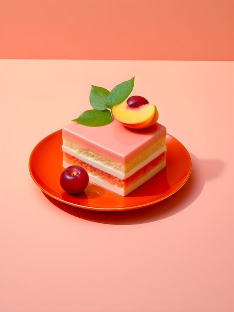 Кусок торта с кусочком персика сверху