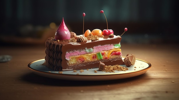 케이크 한 조각 위에 초콜릿과 체리 한 조각이 올려져 있습니다.
