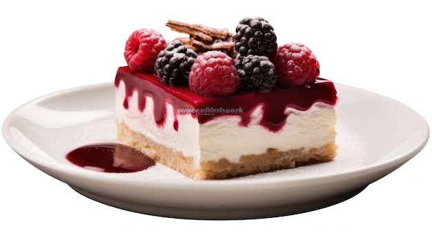 a piece of cake with raspberries on it