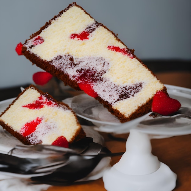 A piece of cake with raspberries on top of it