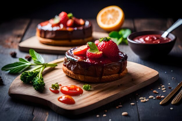 A piece of cake with strawberries and orange slices on a cutting board