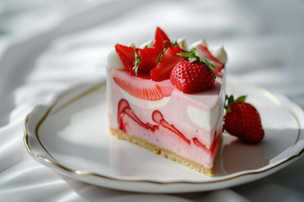 A piece of cake with strawberries on top