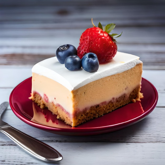 A piece of cake with a strawberry on top and blueberries on top.