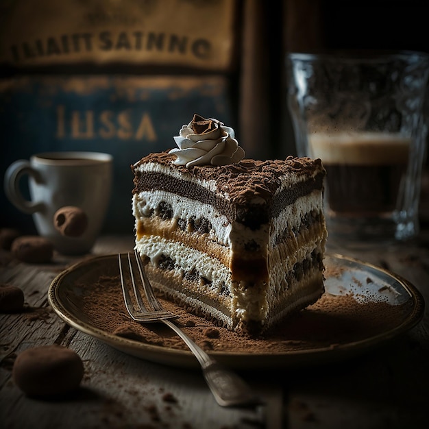 A piece of cake with whipped cream on it and a glass of coffee behind it.