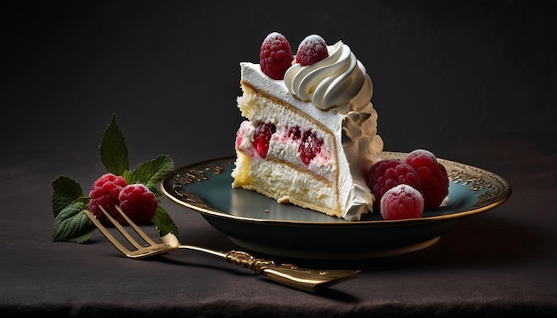 A piece of cake with whipped cream and raspberries on a plate on a dark background Generative AI