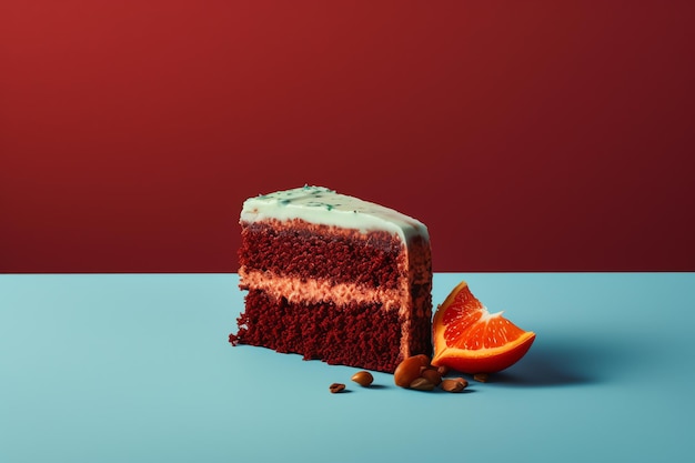 A piece of cake with white frosting and orange slices on a blue table.