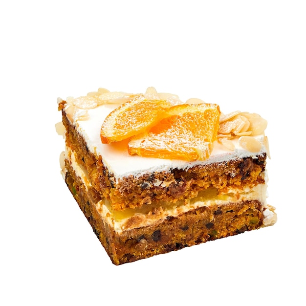 A piece of Carrot cake with orange lemon candied fruits nuts zest curd cream and orange marmalade