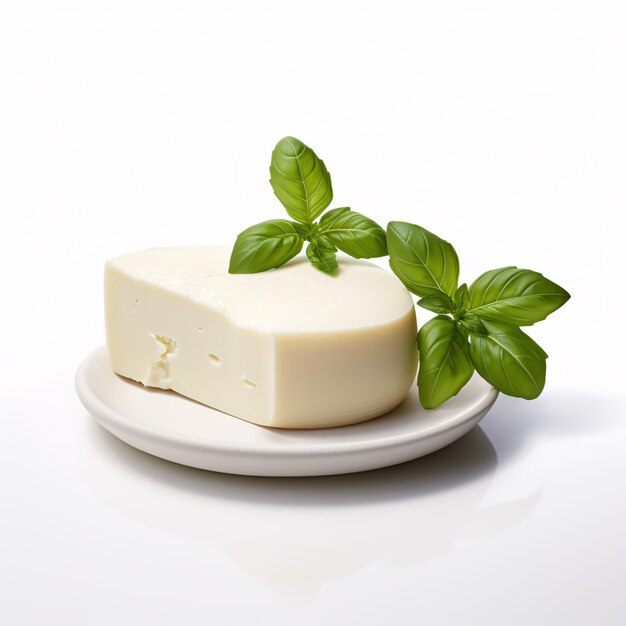 a piece of cheese on a plate with basil leaves