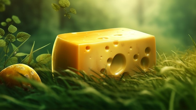 A piece of cheese sits in the grass.