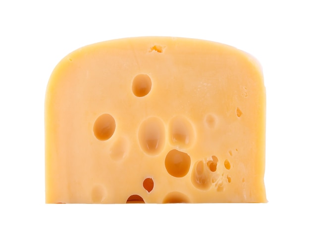 Piece of cheese with large holes in yellow color on white isolated background