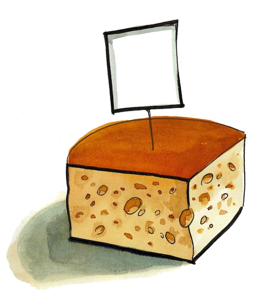 A piece of cheese with a sign in the middle that says Ink and watercolor drawing