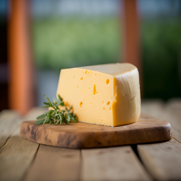 piece of cheese on wood and nature background 3d render