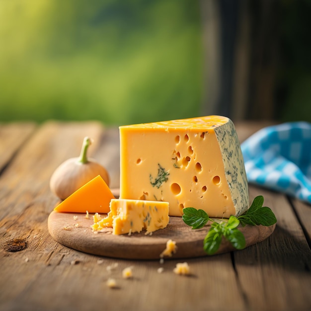 piece of cheese on wood and nature background 3d render