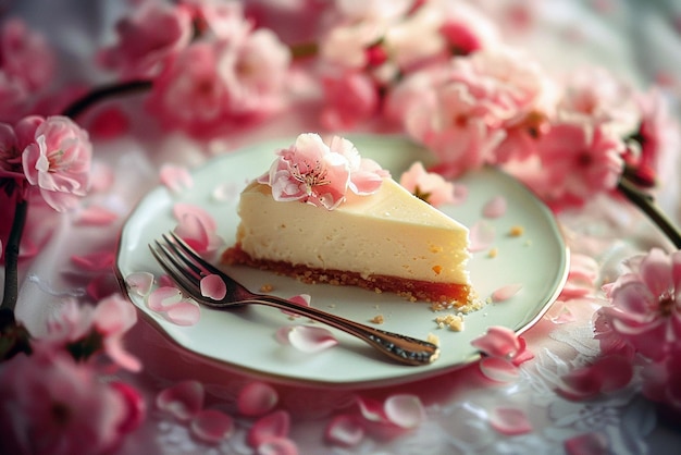 a piece of cheesecake rests on a white plate with pink flowers on the background