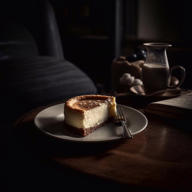 A piece of cheesecake sits on a plate on a table.