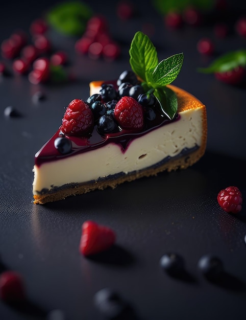 A piece of cheesecake with berries a blurred background Generative AI