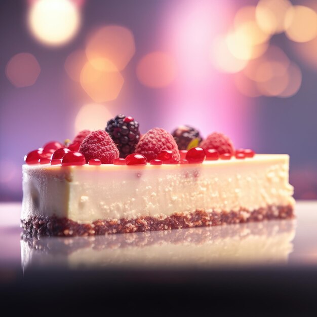 Piece of cheesecake with berries cinematic lighting with bokeh generative ai