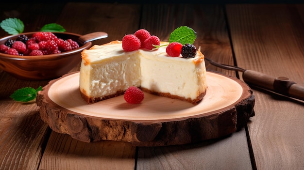 Foto pezzo di cheesecake con bacche su una tavola di legno generativa ai