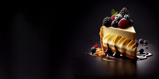 A piece of cheesecake with blackberries and blueberries on it