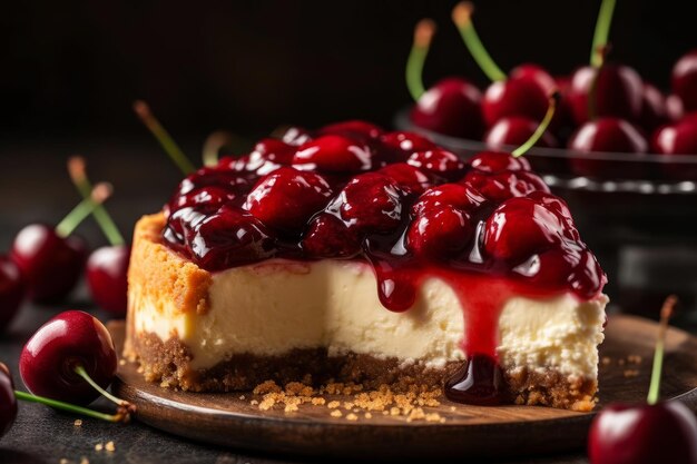 A piece of cheesecake with cherries on the top