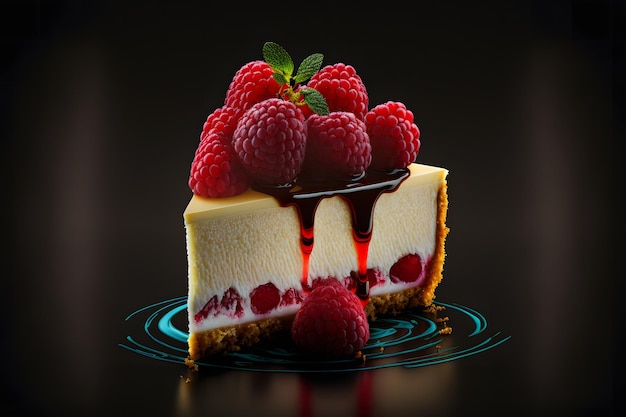 Piece of cheesecake with fresh raspberries and mint Neural network generated art