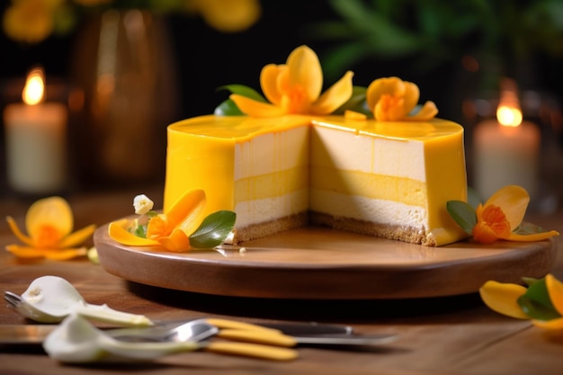 나무 접시 에 노란 꽃 이 있는 치즈 케이크 조각