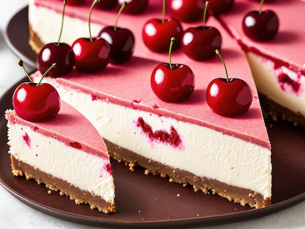 A piece of cherry cheesecake with a slice taken out of it.