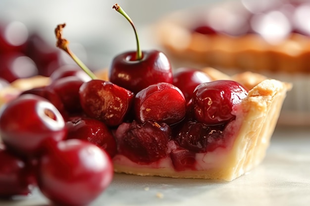 Piece of cherry pie on wooden table