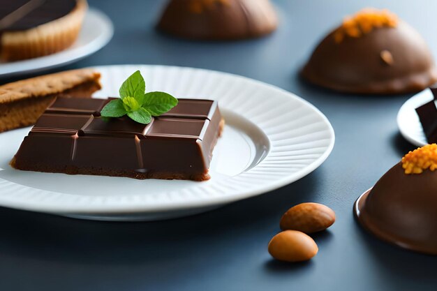 A piece of chocolate bar with a mint leaf on top.