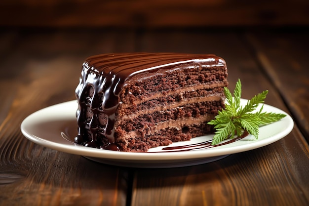 Piece of chocolate cake on plate on brown wooden table