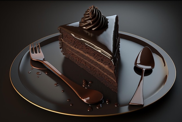 Кусок шоколадного торта на тарелке со столовыми приборами
